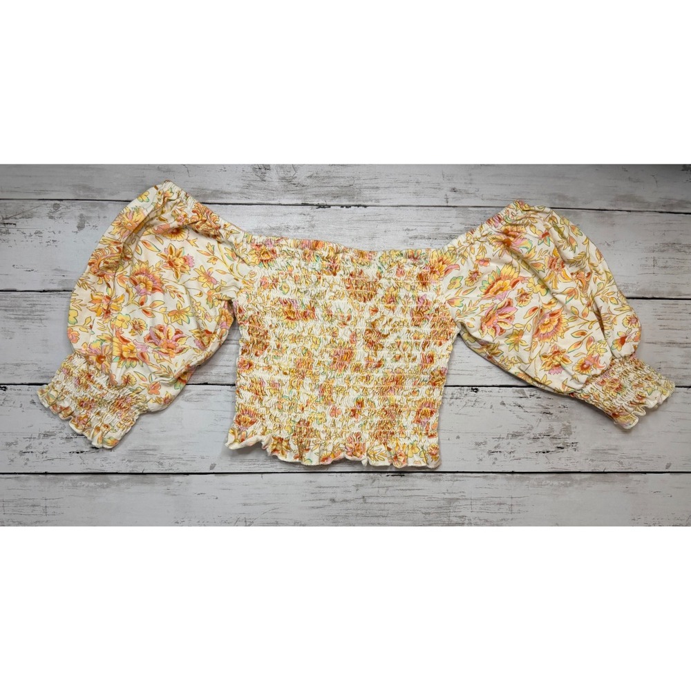 Billabong Womens Floral Smocked Off Shoulder Puff Sleeve Crop Top Yellow XS